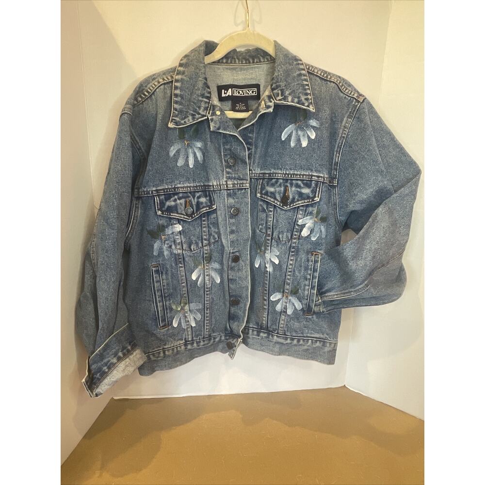 Vintage Hand Painted Flowers Denim Jean Jacket distressed Men's M, Women's L